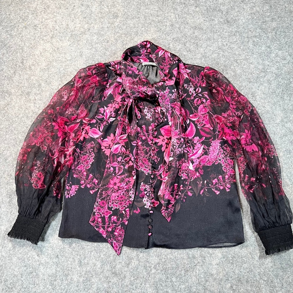 Alice + Olivia Blouse Womens L Black Pink Dark Floral Silk Tie Chiffon Top